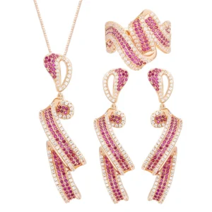 Complete 3 piece rose gold simulated ruby twist ribbon jewelry set earrings necklace ring white background