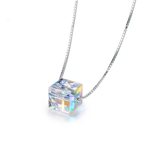Plain white background official product photo S925 sterling silver aurora cube crystal pendant necklace, clean minimalist e-commerce main image