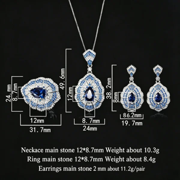 Baroque simulated sapphire three piece jewelry set dimension size, main stone size and weight specification diagram