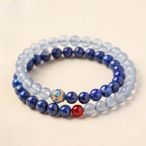 "Blue Wisdom" lapis lazuli and aquamarine double wrap bracelet with Chinese-style blue and white background
