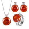 Full set rose cut orange cubic zirconia jewelry set earrings necklace ring flat lay white background