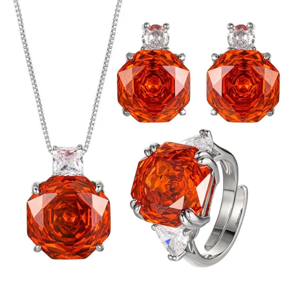 Full set rose cut orange cubic zirconia jewelry set earrings necklace ring flat lay white background