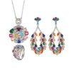 Full collection seven chakra rainbow cubic zirconia 3 piece jewelry set earrings necklace ring flat lay white background