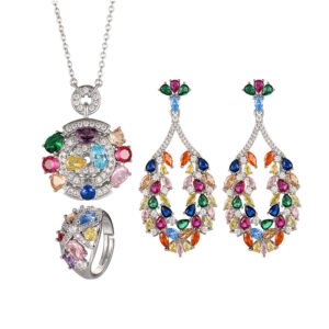 Full collection seven chakra rainbow cubic zirconia 3 piece jewelry set earrings necklace ring flat lay white background