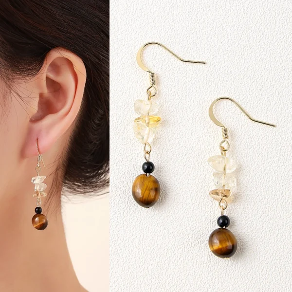 Split image left side single ear wearing effect, right side full pair studio shot tiger eye citrine black agate handmade earrings, complete structure display