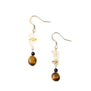 Overhead flat view pair tiger eye citrine black agate dangle earrings arranged neatly on plain white background, full bead sequence clearly visible