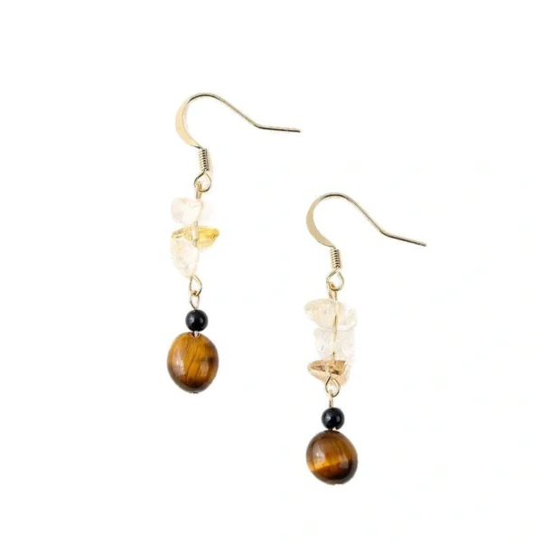 Overhead flat view pair tiger eye citrine black agate dangle earrings arranged neatly on plain white background, full bead sequence clearly visible