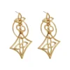 Pair of layered hollow four leaf clover geometric long drop dangle gold earrings isolated white background