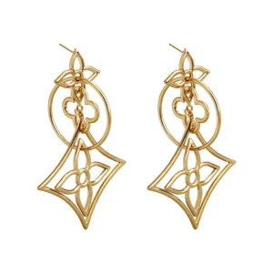 Pair of layered hollow four leaf clover geometric long drop dangle gold earrings isolated white background
