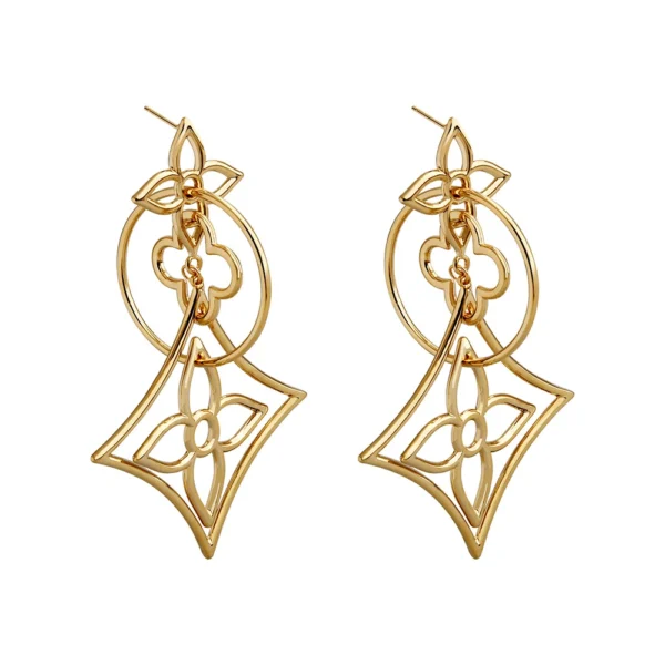 Pair of layered hollow four leaf clover geometric long drop dangle gold earrings isolated white background
