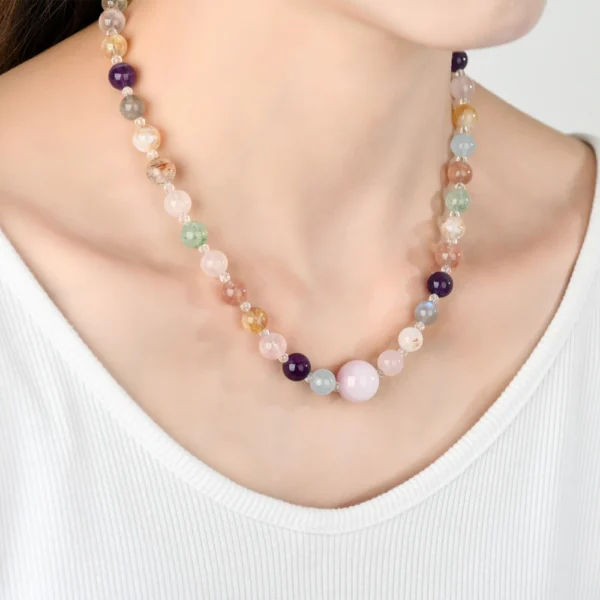 Real neck wearing lifestyle photo natural multi gem rutilated quartz amethyst adjustable love attraction crystal clavicle necklace for women