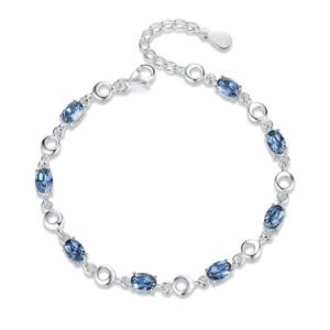 Silver plated ocean heart blue crystal bracelet on pure white background, adjustable women’s jewelry