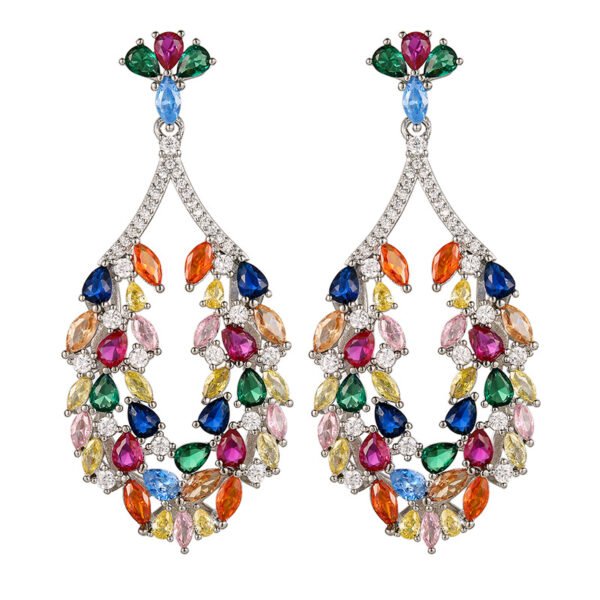Matching pair chakra rainbow multicolor cubic zirconia teardrop hollow long dangle earrings white background