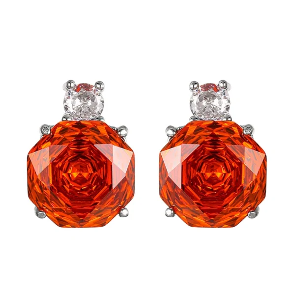 Matching pair rose cut orange cubic zirconia stud earrings six prong setting white background