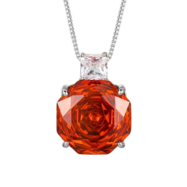 Single rose cut orange cubic zirconia pendant necklace silver plated white background product shot
