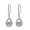 Pair S925 sterling silver 0.5ct moissanite teardrop halo dangle hook earrings, front view full pave sparkling moissanite design for women jewelry