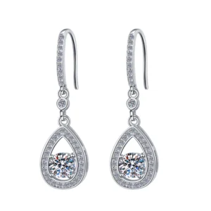 Pair S925 sterling silver 0.5ct moissanite teardrop halo dangle hook earrings, front view full pave sparkling moissanite design for women jewelry