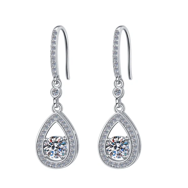 Pair S925 sterling silver 0.5ct moissanite teardrop halo dangle hook earrings, front view full pave sparkling moissanite design for women jewelry