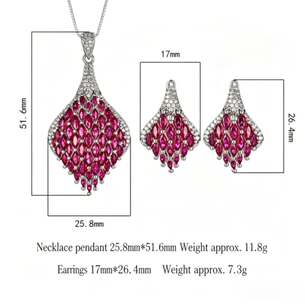 Phoenix tail simulated ruby jewelry set dimension size and weight specification diagram