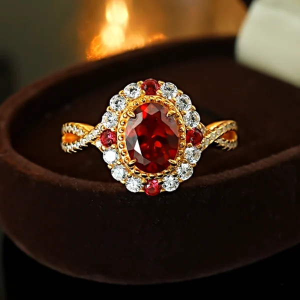 Top down overhead shot oval simulated ruby halo twist split shank ring inside brown flocked jewelry box
