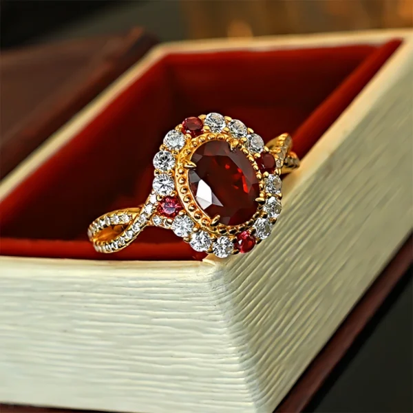 Twisted split shank adjustable ring with oval simulated ruby halo placed inside red lined jewelry box close up photo