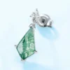 Repeated vertical infographic combining moss agate design inspiration introduction and full earring dimension, weight, material specification parameter table