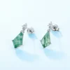 Pair S925 sterling silver kite cut natural moss agate dangle drop earrings with cubic zirconia top accent, clean light blue background full front product view