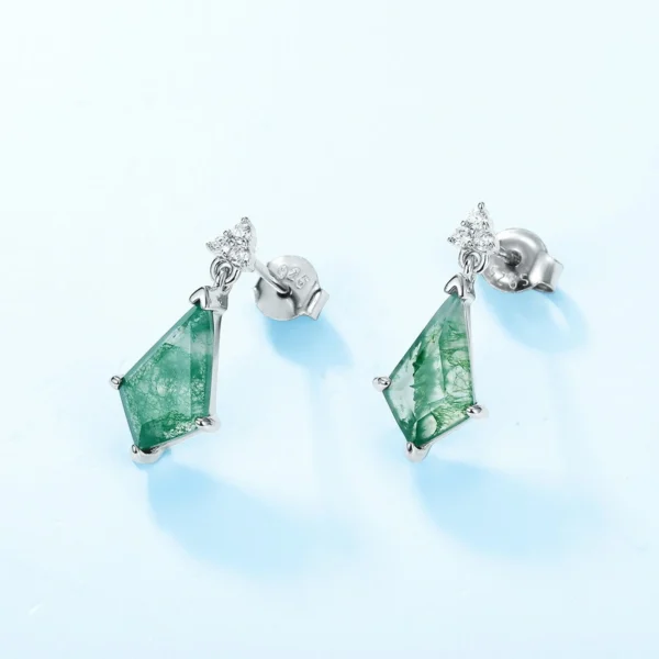 Pair S925 sterling silver kite cut natural moss agate dangle drop earrings with cubic zirconia top accent, clean light blue background full front product view